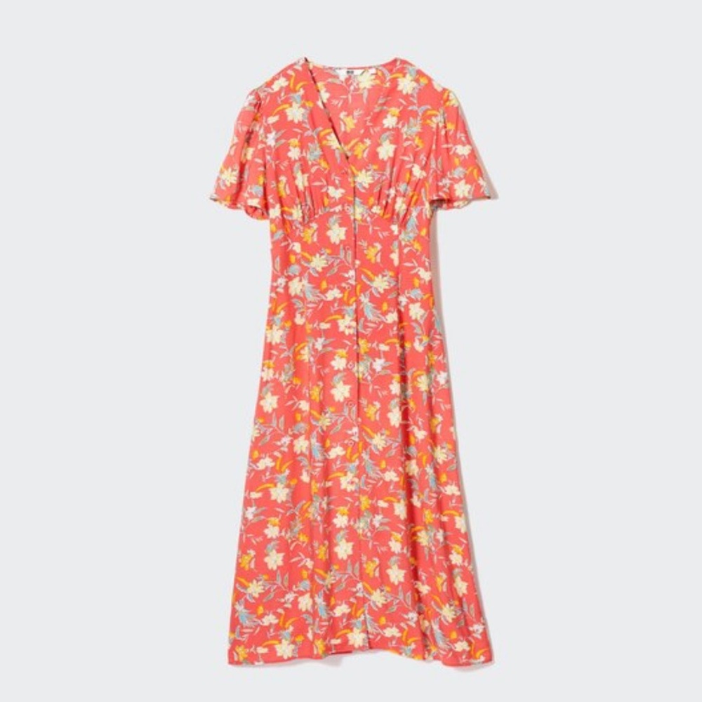 Uniqlo Floral Coral and Yellow Midi Dress